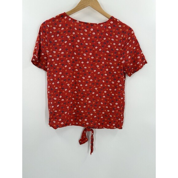 Madewell Womens XSMALL Tie Front Blouse Red Floral Short Sleeve V-Neck Viscose - Picture 5 of 10